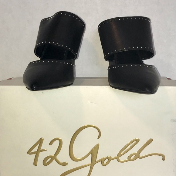42 Gold Womens Figaro Mule Shoes Black Leather - Picture 1 of 9